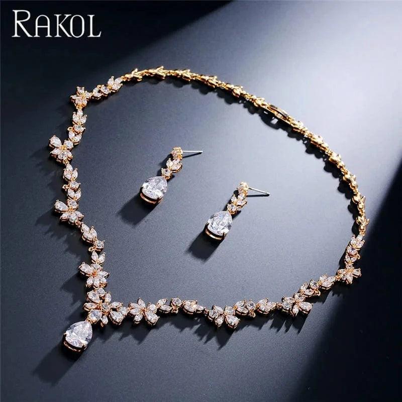 SP3162 gold RAKOL SP3074 New Design 4PCS Leaf Cubic Zircon Necklace Earrings Bracelets And Rings Sets 925 Sterling Silver Jewelry Set Women