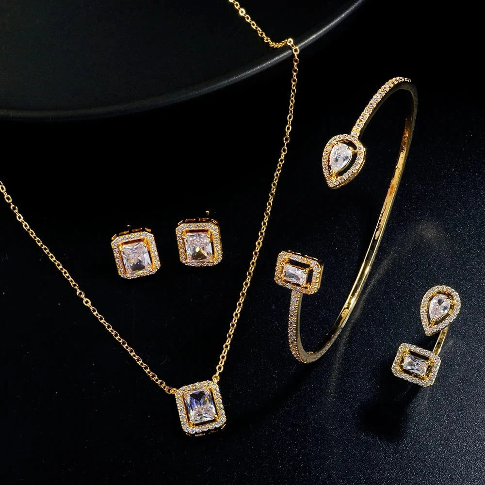 SP3339 gold RAKOL SP3074 New Design 4PCS Leaf Cubic Zircon Necklace Earrings Bracelets And Rings Sets 925 Sterling Silver Jewelry Set Women