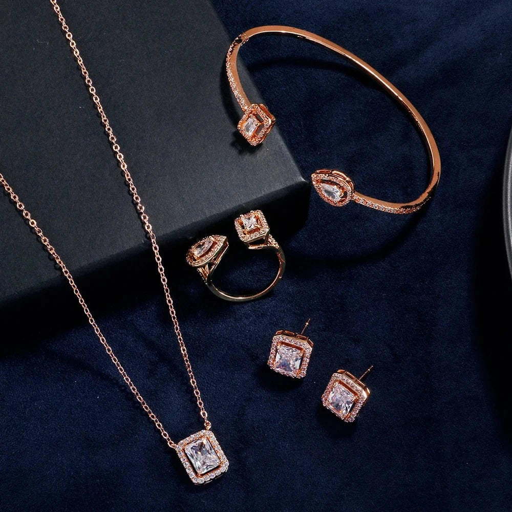 SP3339 rose gold RAKOL SP3074 New Design 4PCS Leaf Cubic Zircon Necklace Earrings Bracelets And Rings Sets 925 Sterling Silver Jewelry Set Women