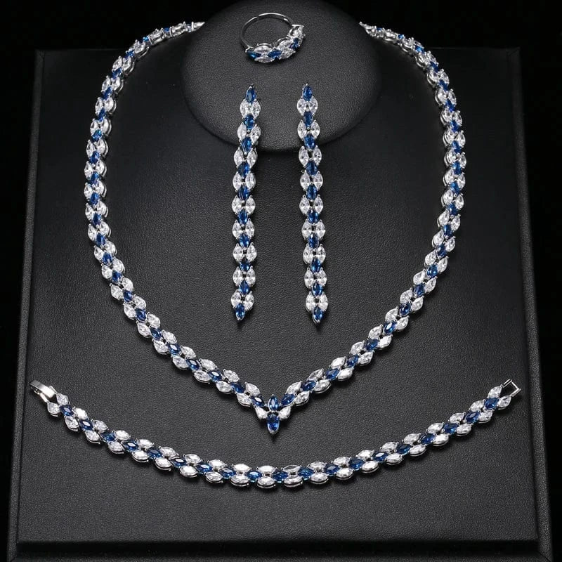 SP334 blue RAKOL SP3074 New Design 4PCS Leaf Cubic Zircon Necklace Earrings Bracelets And Rings Sets 925 Sterling Silver Jewelry Set Women