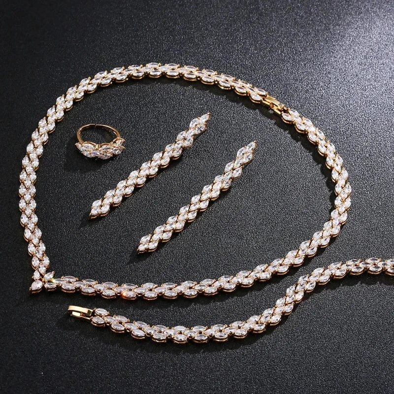 SP334 gold RAKOL SP3074 New Design 4PCS Leaf Cubic Zircon Necklace Earrings Bracelets And Rings Sets 925 Sterling Silver Jewelry Set Women