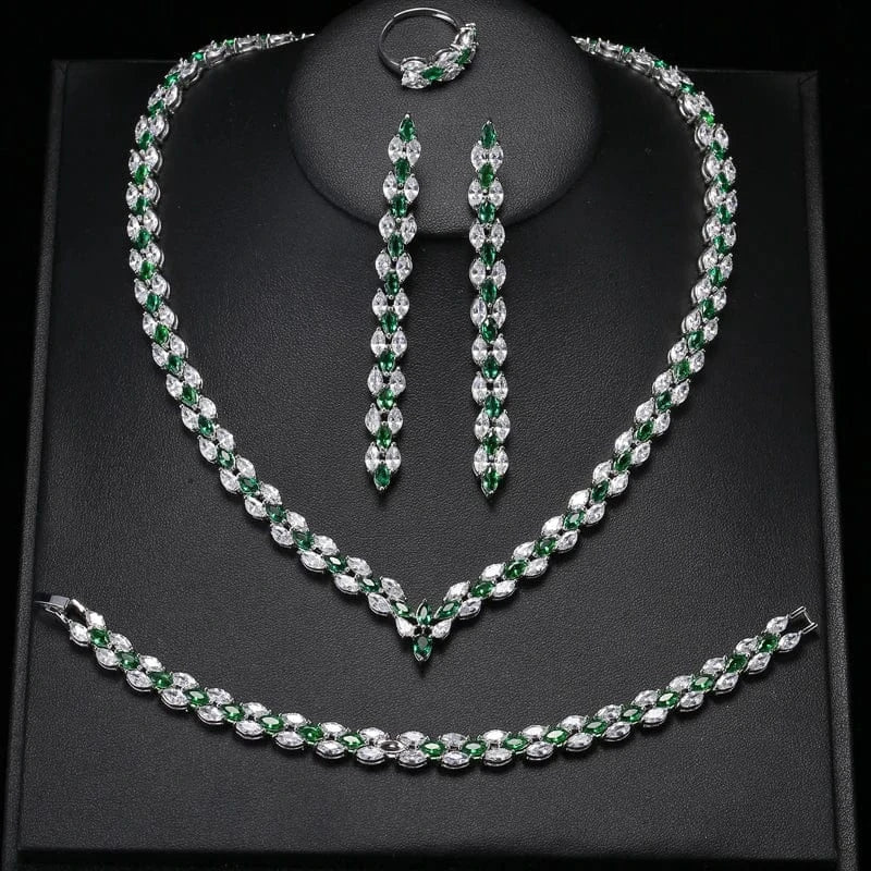 SP334 green RAKOL SP3074 New Design 4PCS Leaf Cubic Zircon Necklace Earrings Bracelets And Rings Sets 925 Sterling Silver Jewelry Set Women