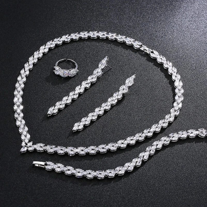 SP334 white RAKOL SP3074 New Design 4PCS Leaf Cubic Zircon Necklace Earrings Bracelets And Rings Sets 925 Sterling Silver Jewelry Set Women