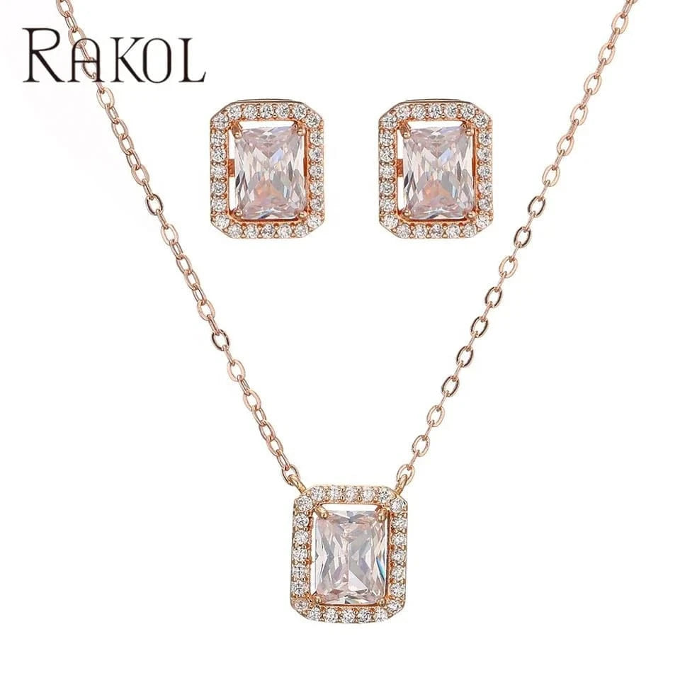 SP3347 rose gold RAKOL SP3074 New Design 4PCS Leaf Cubic Zircon Necklace Earrings Bracelets And Rings Sets 925 Sterling Silver Jewelry Set Women