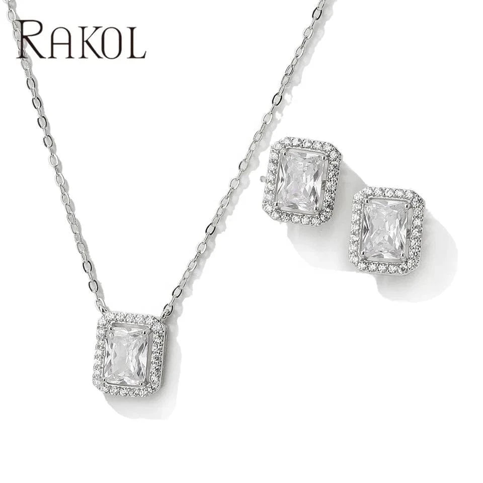 SP3347 white RAKOL SP3074 New Design 4PCS Leaf Cubic Zircon Necklace Earrings Bracelets And Rings Sets 925 Sterling Silver Jewelry Set Women