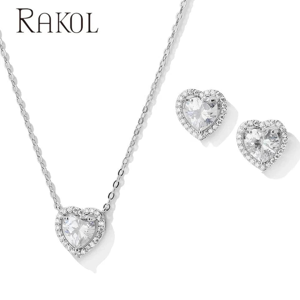 SP3348 white RAKOL SP3074 New Design 4PCS Leaf Cubic Zircon Necklace Earrings Bracelets And Rings Sets 925 Sterling Silver Jewelry Set Women