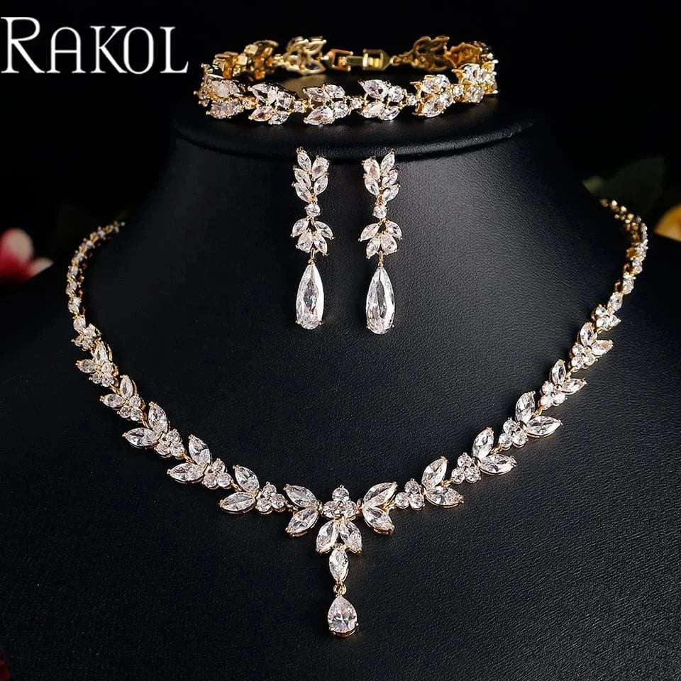 SP3386 gold RAKOL SP3074 New Design 4PCS Leaf Cubic Zircon Necklace Earrings Bracelets And Rings Sets 925 Sterling Silver Jewelry Set Women