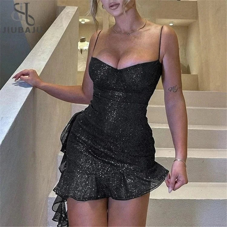 Spaghetti Strap Ruffle Mini Dress Black Glitter Party Dress For Women 2024 Sexy Slip Bodycon Short Summer Dress