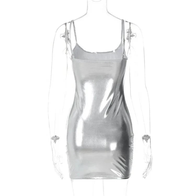 Spaghetti Strap Shiny Faux PU Leather Hot Sexy Dress Low Cut Tights Package Hip Dress