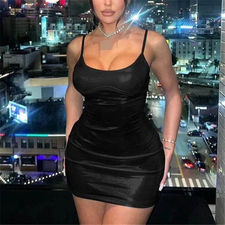 Spaghetti Strap Shiny Faux PU Leather Hot Sexy Dress Low Cut Tights Package Hip Dress