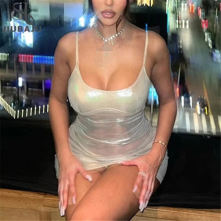 Spaghetti Strap Shiny Faux PU Leather Hot Sexy Dress Low Cut Tights Package Hip Dress