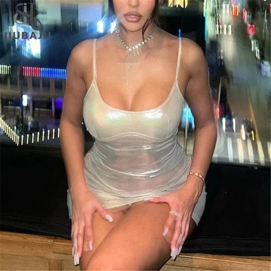 Spaghetti Strap Shiny Faux PU Leather Hot Sexy Dress Low Cut Tights Package Hip Dress