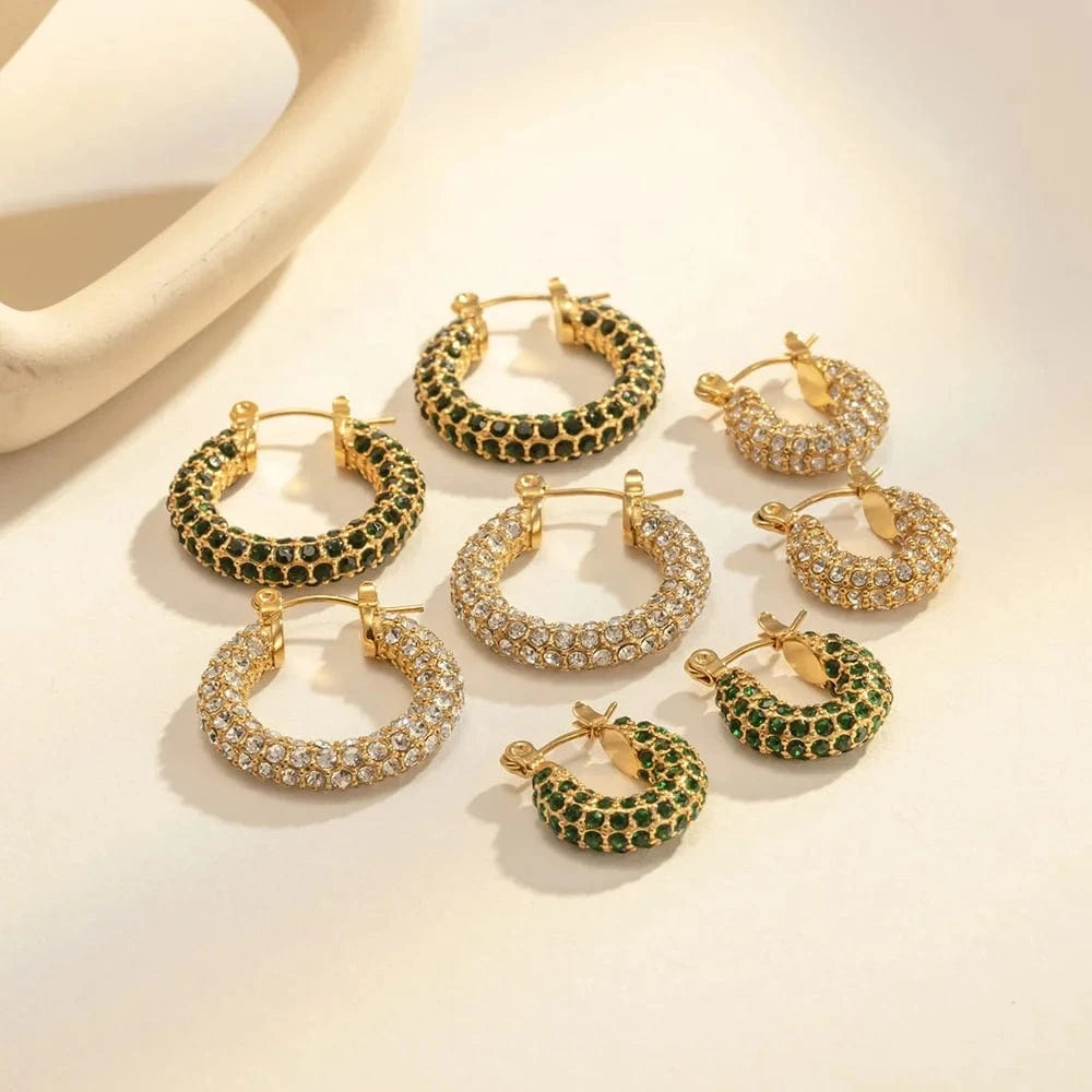 Sparkle Micro Cubic Zircon Chunky Shiny 18k PVD Gold Plated Stainless Steel Hoop Earrings Huggie Jewelry