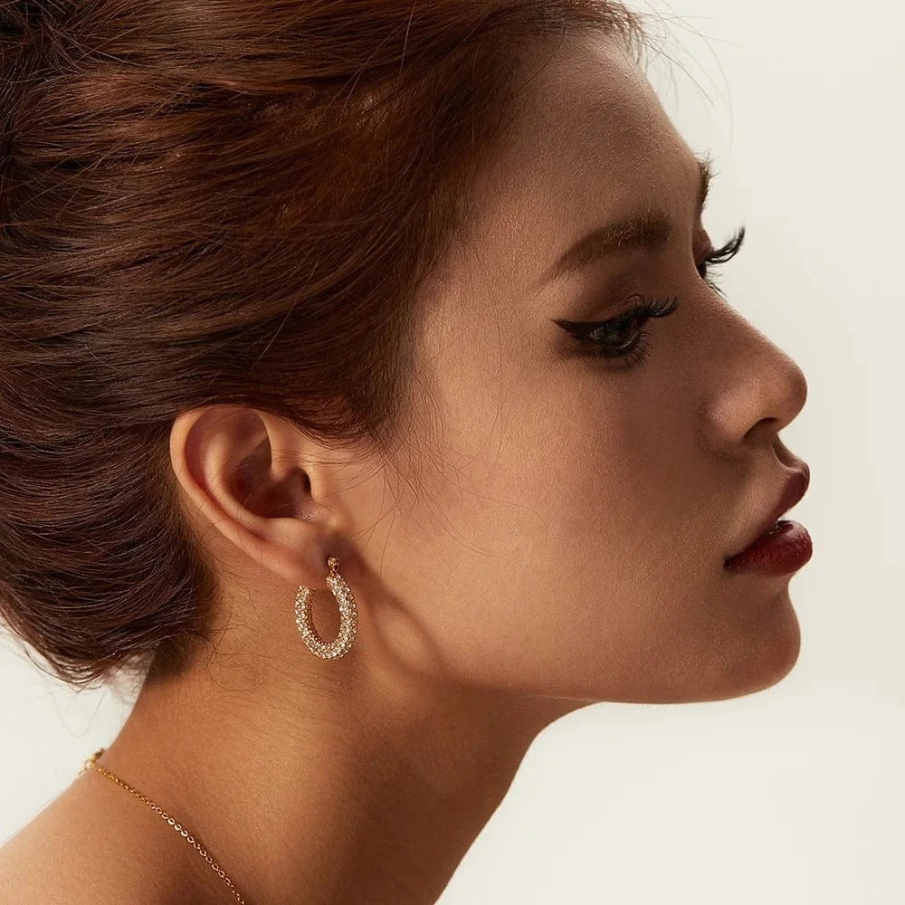 Sparkle Micro Cubic Zircon Chunky Shiny 18k PVD Gold Plated Stainless Steel Hoop Earrings Huggie Jewelry