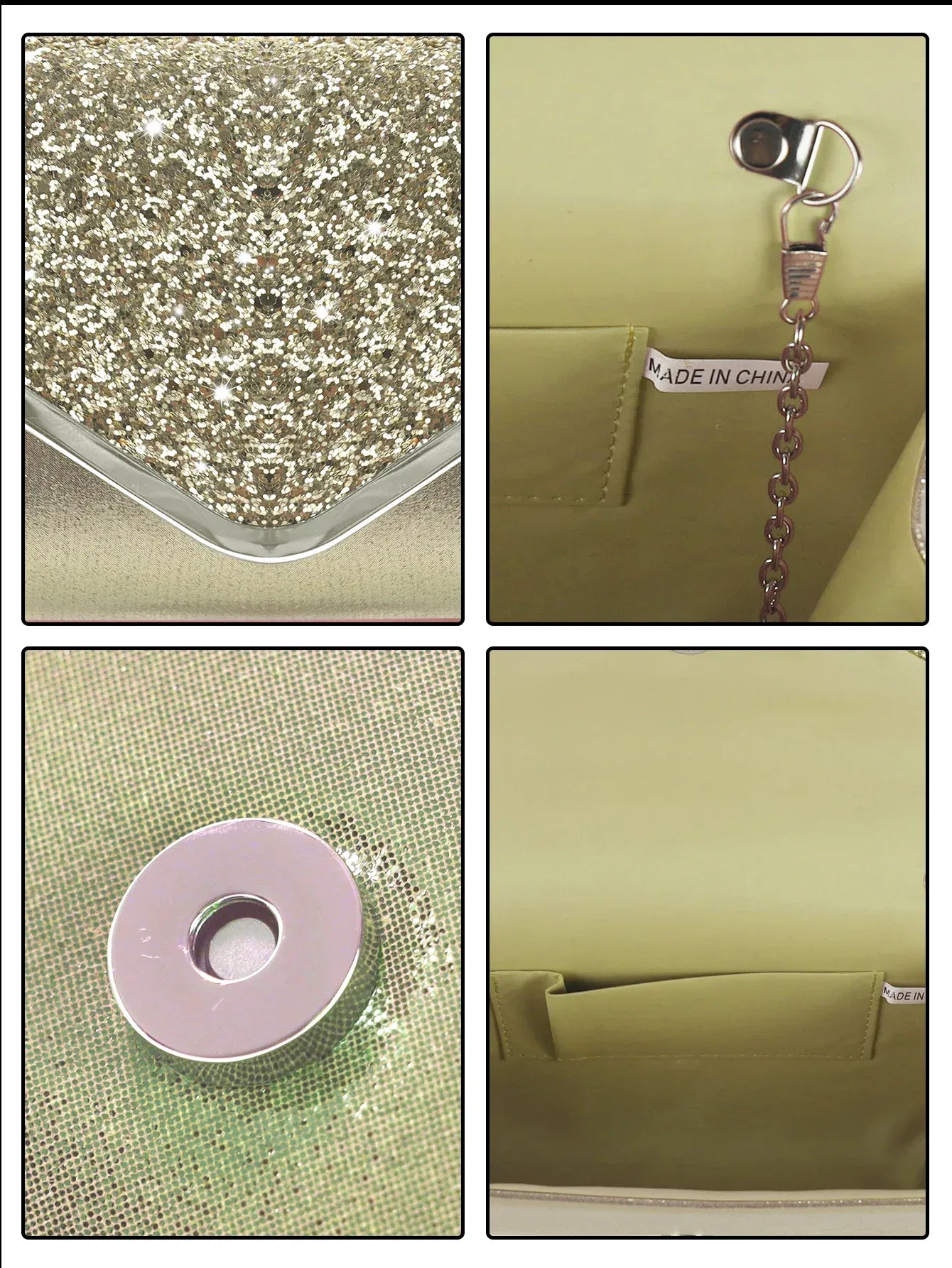 Sparkling and luxurious sequined evening clutch for women, paired with a gorgeous rhinestone necklace, earrings and bracelet set