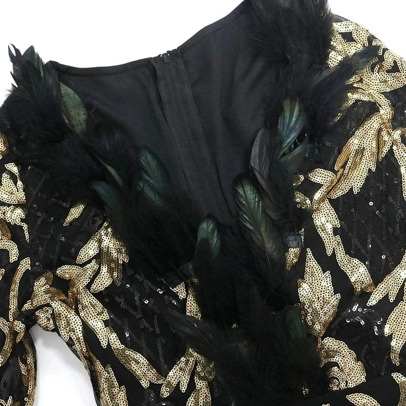 Sparkly Party Birthday Dress for Women Sexy Celebrate Long Sleeve Feather Patchwork Glitter Sequin Dress Christmas Club Dress