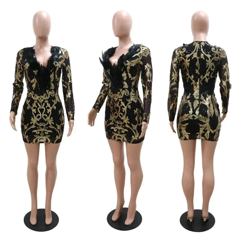 Sparkly Party Birthday Dress for Women Sexy Celebrate Long Sleeve Feather Patchwork Glitter Sequin Dress Christmas Club Dress