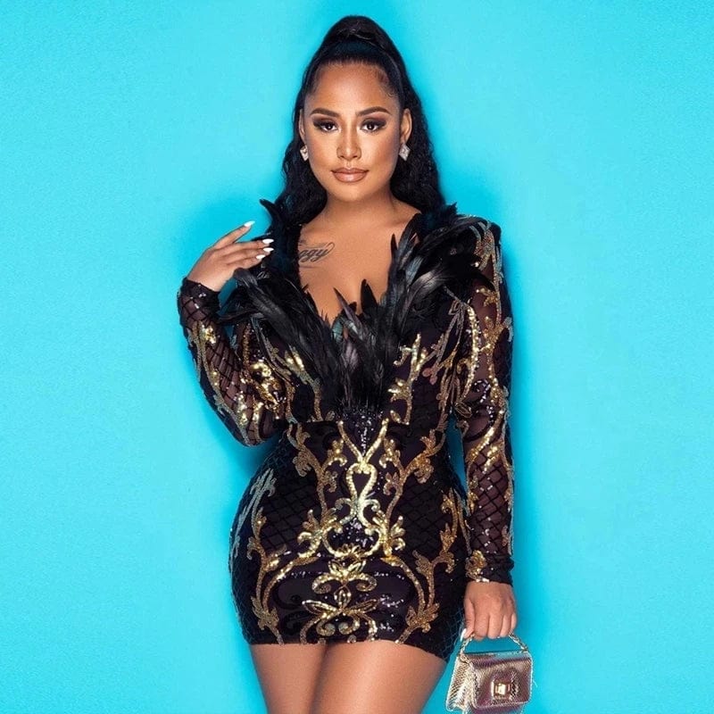 Sparkly Party Birthday Dress for Women Sexy Celebrate Long Sleeve Feather Patchwork Glitter Sequin Dress Christmas Club Dress