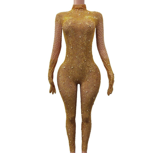 Sparkly See Through Crystal One Piece Bodysuit Ladies Rompers Performance Dancer Leotard Plus Size Sexy Diamonds Mesh Jumpsuit