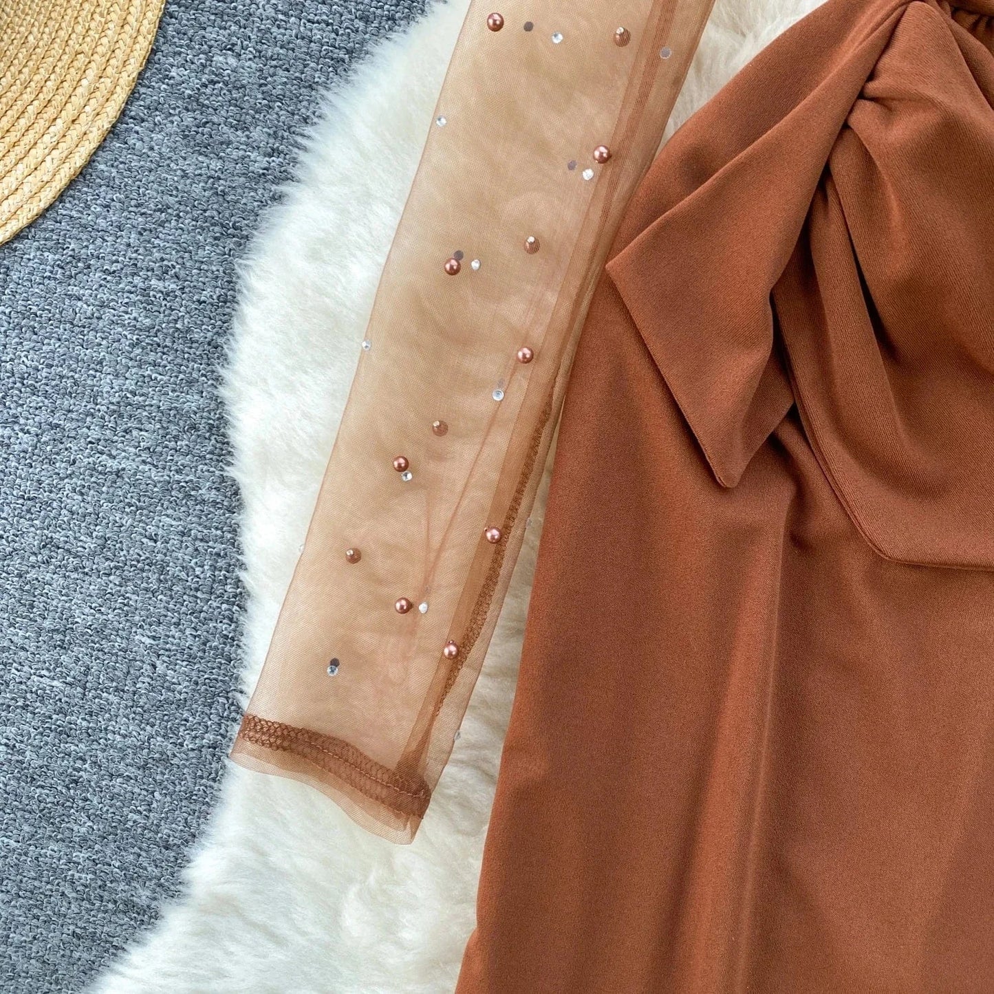 Sping New High Quality Elegant Midi Dress For Women Puff Sleeve Empire Beaded Mesh Vestidos Ladies Elegant Dresses