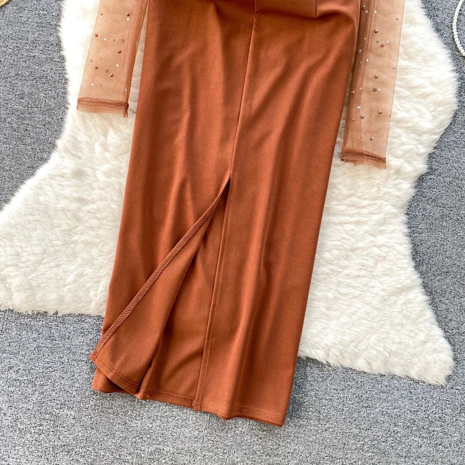 Sping New High Quality Elegant Midi Dress For Women Puff Sleeve Empire Beaded Mesh Vestidos Ladies Elegant Dresses