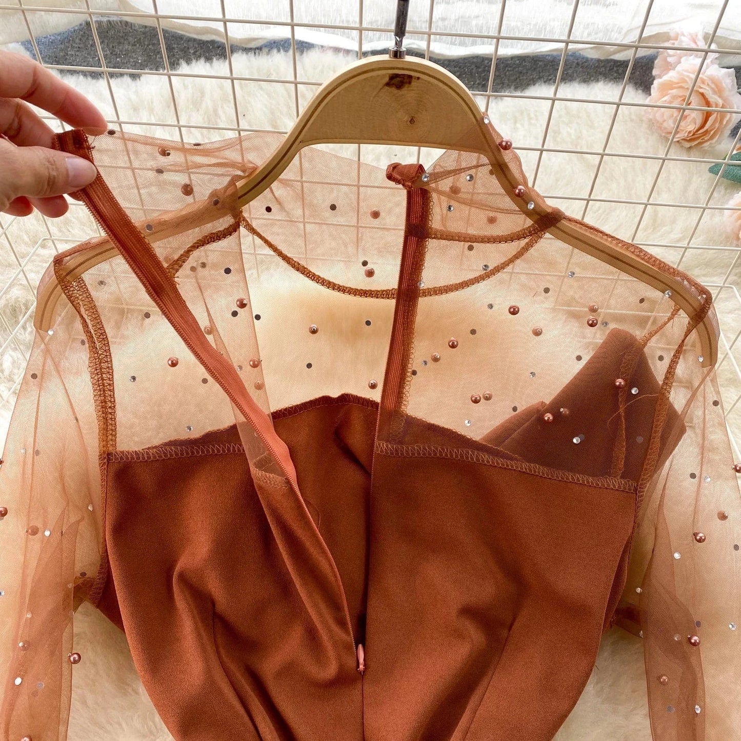 Sping New High Quality Elegant Midi Dress For Women Puff Sleeve Empire Beaded Mesh Vestidos Ladies Elegant Dresses