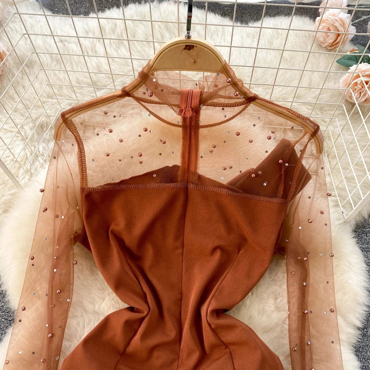 Sping New High Quality Elegant Midi Dress For Women Puff Sleeve Empire Beaded Mesh Vestidos Ladies Elegant Dresses