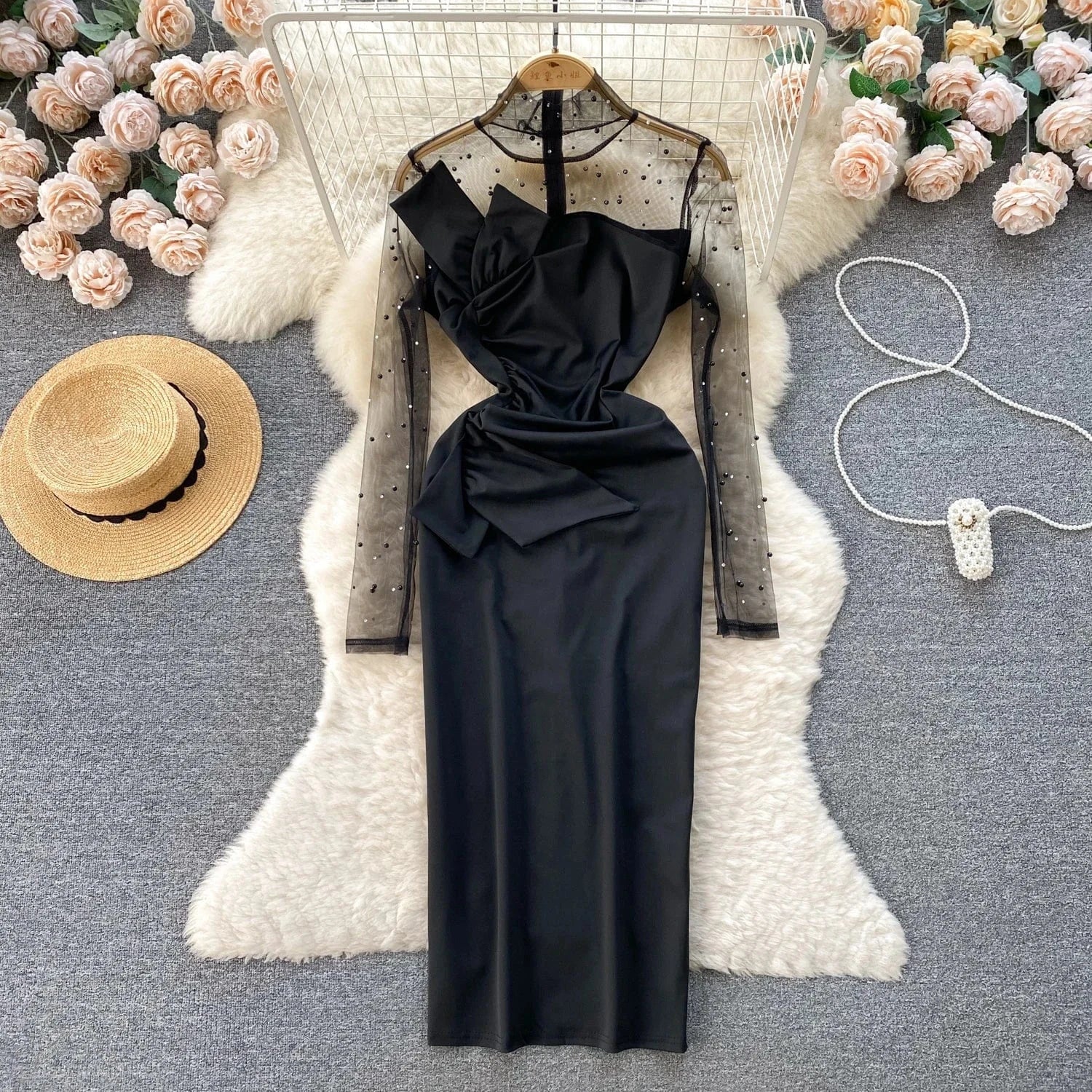 Sping New High Quality Elegant Midi Dress For Women Puff Sleeve Empire Beaded Mesh Vestidos Ladies Elegant Dresses