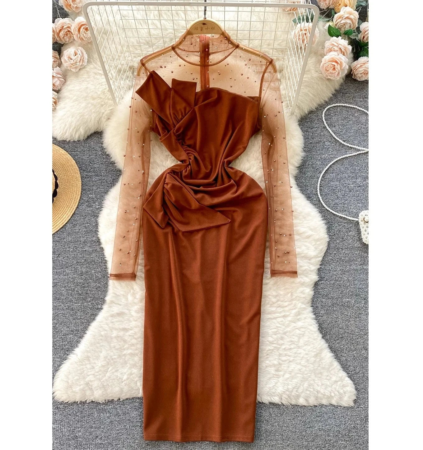 Sping New High Quality Elegant Midi Dress For Women Puff Sleeve Empire Beaded Mesh Vestidos Ladies Elegant Dresses