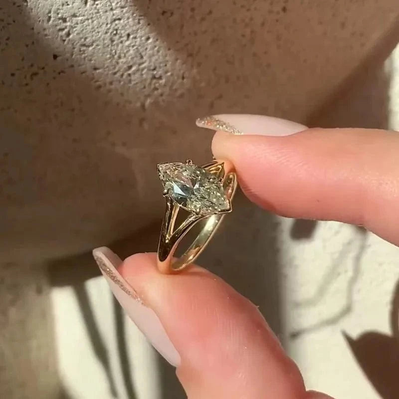 Split shanks real yellow 14K gold 2ct marquise mossanite diamond wedding rings solitaire moissanite jewelry