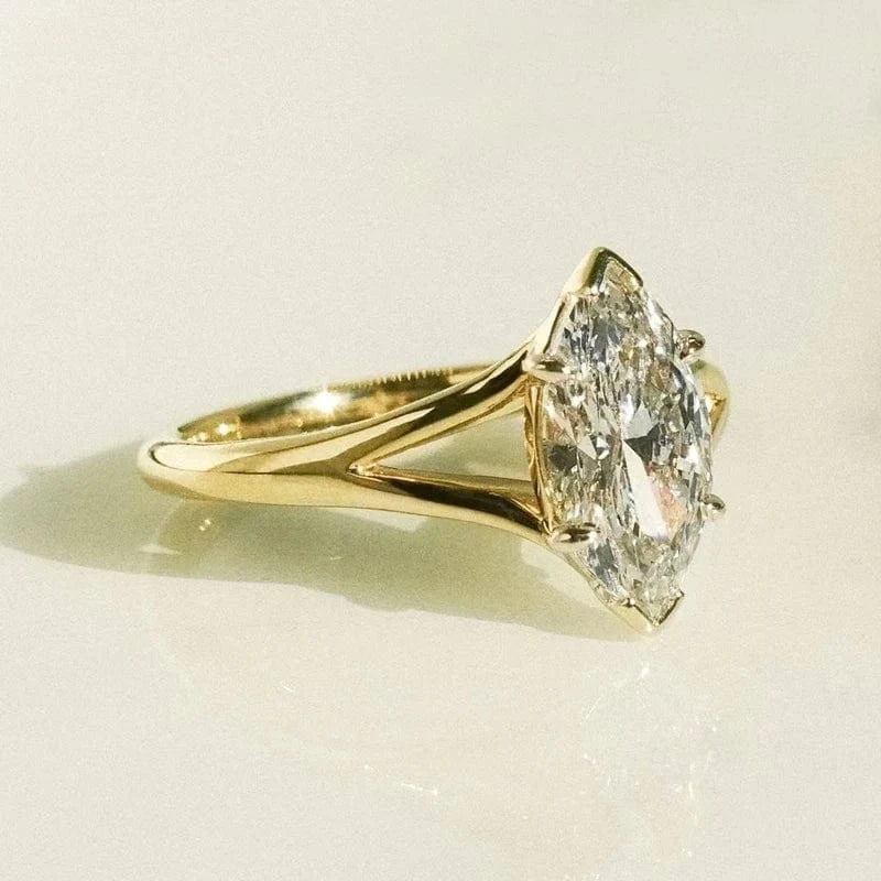 Split shanks real yellow 14K gold 2ct marquise mossanite diamond wedding rings solitaire moissanite jewelry
