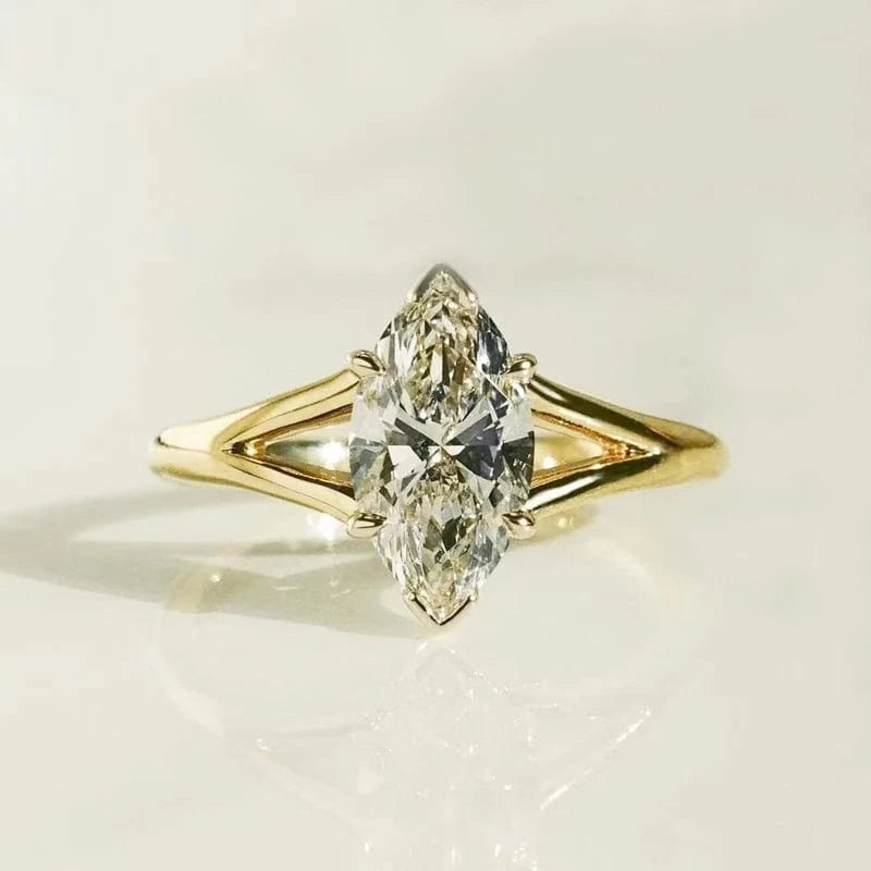 Split shanks real yellow 14K gold 2ct marquise mossanite diamond wedding rings solitaire moissanite jewelry