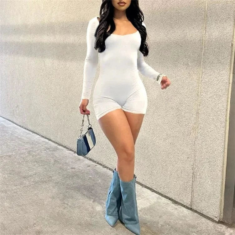 Sport Backless Jumpsuits Long Sleeves Scoop Neck Solid High Stretchy Casual Club Bodysuit