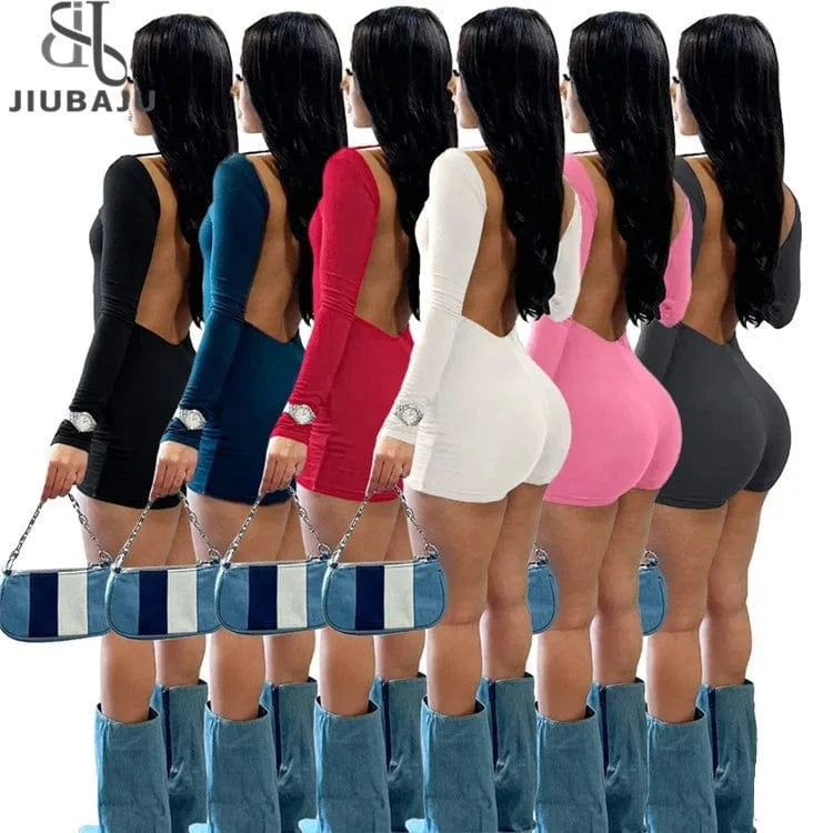 Sport Backless Jumpsuits Long Sleeves Scoop Neck Solid High Stretchy Casual Club Bodysuit