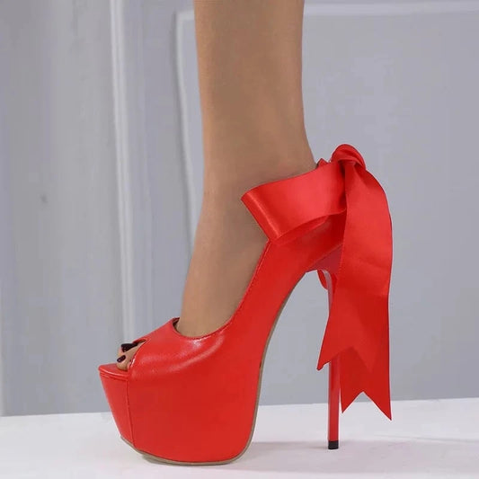 Spring 2022 New Temperament Thin Heel Bowknot Fish Mouth High Heel Sandals Red High Heel Sandals