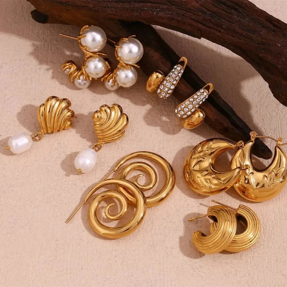 Spring 2024 Fashion Fresh Water Pearl Earrings Set Gold Plated Zircon Jewelry Stainless Steel Earring Set