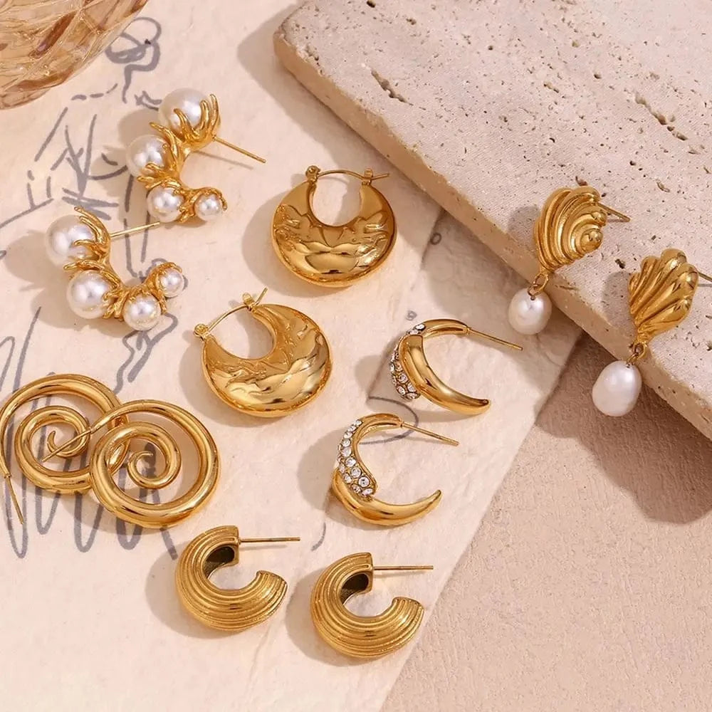 Spring 2024 Fashion Fresh Water Pearl Earrings Set Gold Plated Zircon Jewelry Stainless Steel Earring Set