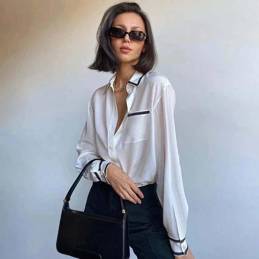 Spring 2024 Ladies Office Trend Blouses Women's Patchwork Chiffon Shirt Lapel Long Sleeves Womens Shirts