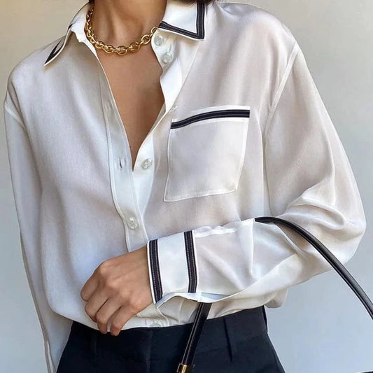 Spring 2024 Ladies Office Trend Blouses Women's Patchwork Chiffon Shirt Lapel Long Sleeves Womens Shirts