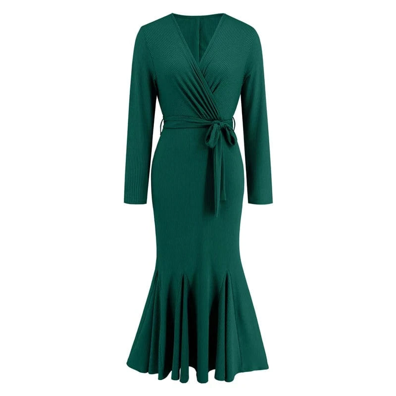 spring 2024 new arrivals luxury high quality women ladies casual elegant black long sleeves Trumpet Mermaid midi dress with belt