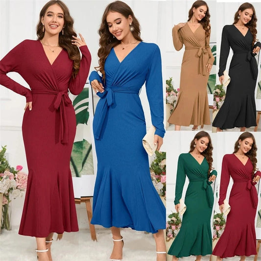 spring 2024 new arrivals luxury high quality women ladies casual elegant black long sleeves Trumpet Mermaid midi dress with belt