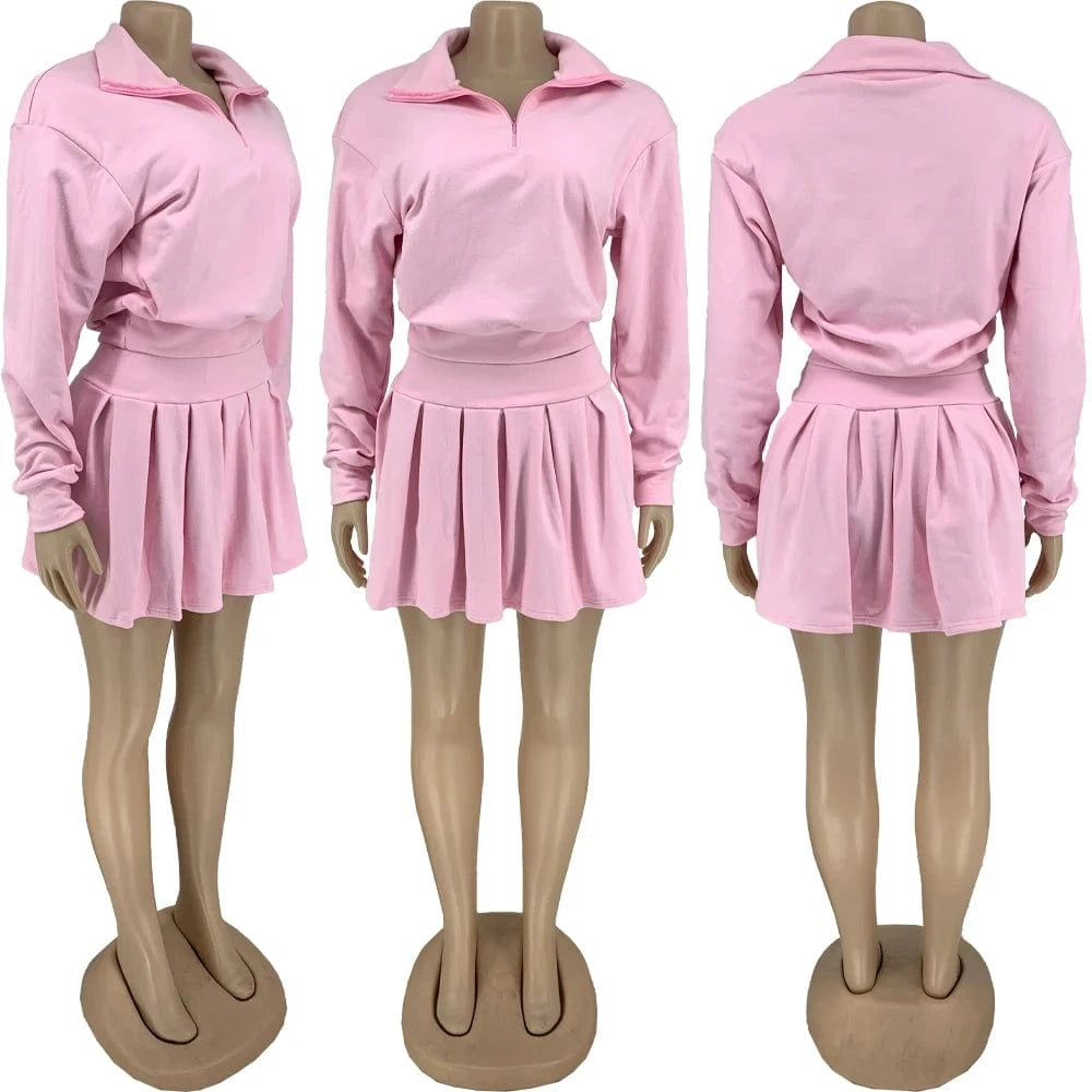 spring 2024 new arrivals women fleece pink 2 piece hoodie top pullover sweatshirt and skirt set tennis outfit for women ladies