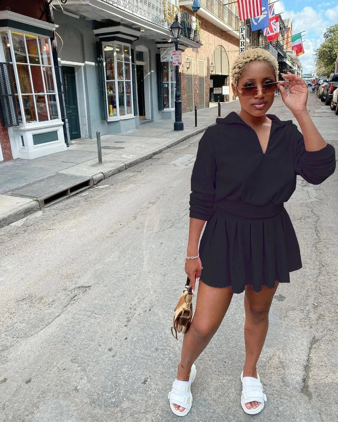 spring 2024 new arrivals women fleece pink 2 piece hoodie top pullover sweatshirt and skirt set tennis outfit for women ladies