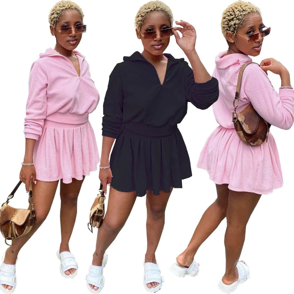spring 2024 new arrivals women fleece pink 2 piece hoodie top pullover sweatshirt and skirt set tennis outfit for women ladies