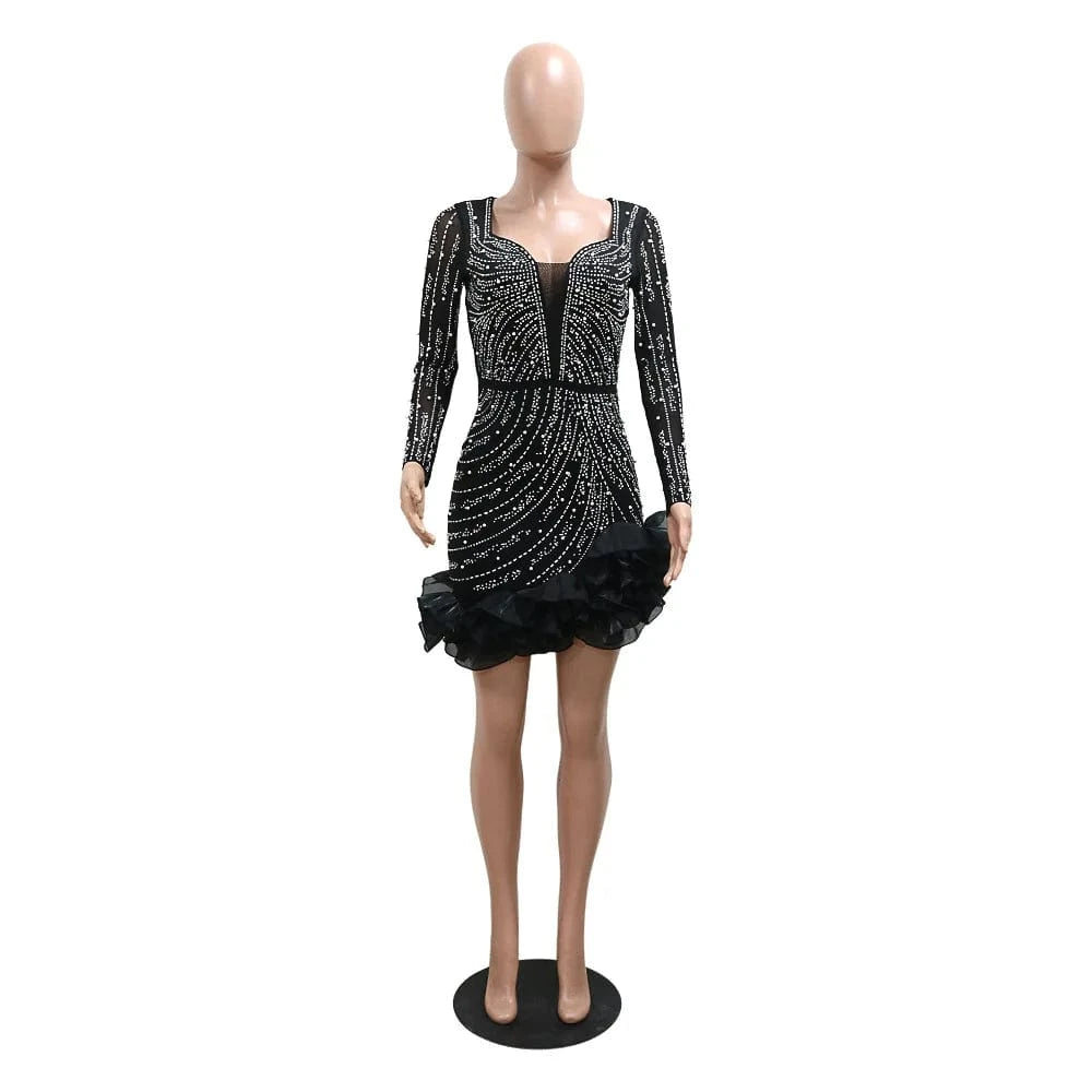 Spring 2024 New Fashion Dress Long Sleeve Rhinestone Ruffle Hem Daily Club Party Dresses
