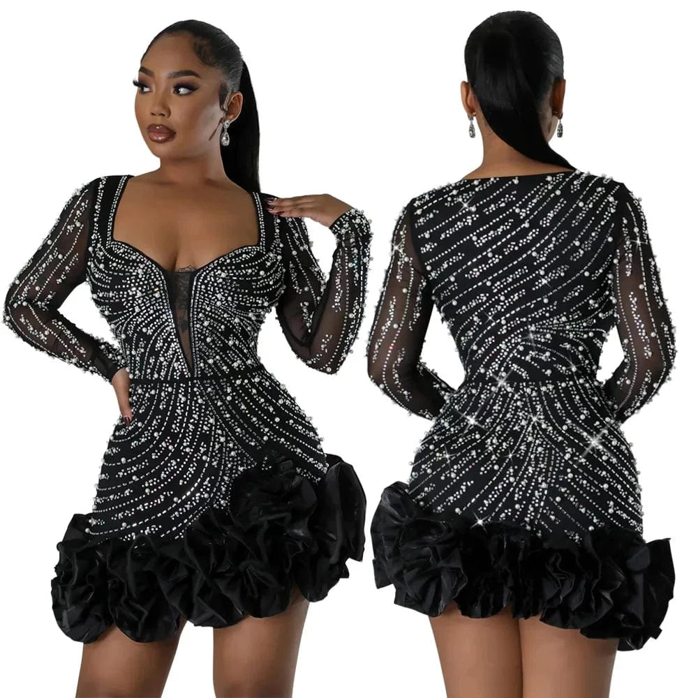 Spring 2024 New Fashion Dress Long Sleeve Rhinestone Ruffle Hem Daily Club Party Dresses
