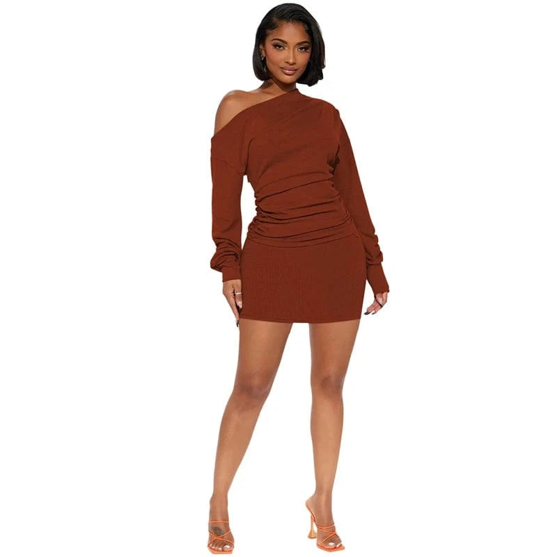 spring 2024 new hot sale elegant cut one side shoulder off long sleeve polyester crepe tight dress with one shoulder long sleeve