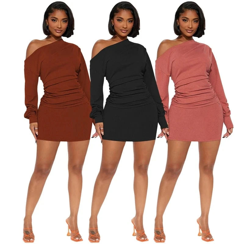 spring 2024 new hot sale elegant cut one side shoulder off long sleeve polyester crepe tight dress with one shoulder long sleeve