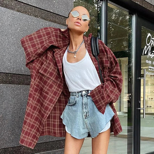 spring 2024 Retro Red Plaid Classic oversize blouse Shirt for Women's Casual Loose Long sleeved shirt jacket