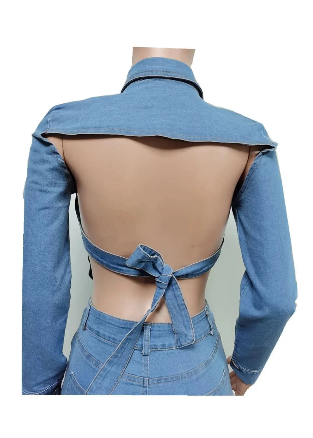 Spring 2024 Women Clothes Backless Bandage Shirt And Denim Shorts Women's Denim Suit Crop Top 2 Piece Shorts Set